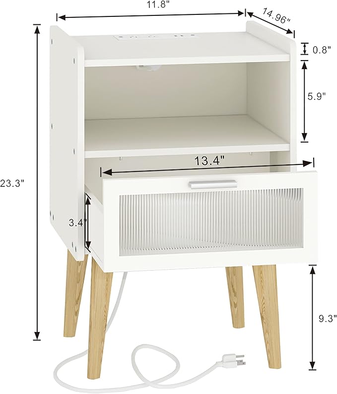 Nightstand with Charging Station, Bedside Tables, End Table Side Table with 2 Tiers Storage Space, for Bedroom, Living Room, White MLBZ07WE-2