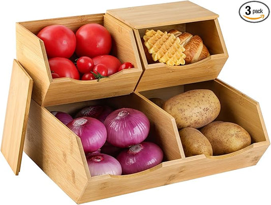 Bamboo Pantry Storage Bins with Lid - Stackable Baskets, Potato and Onion Storage, Wood Storage Bins for Pantry Baskets Organization and Storage, Kitchen Essential, Set 3 Pieces