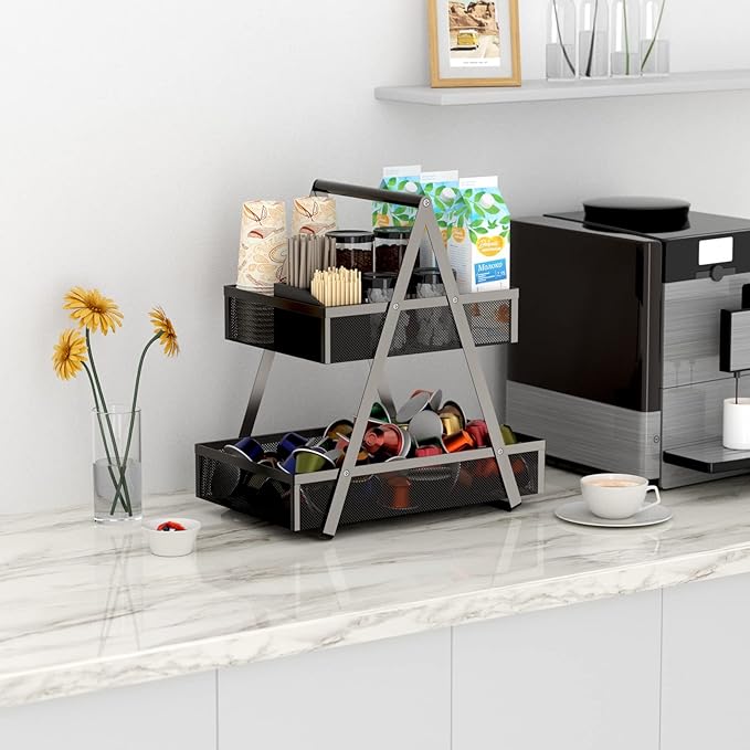 EKNITEY Tiered Snack Organizer Countertop - Metal Kitchen Counter Organizer Small Coffee Station Organize for Home, Picnic, Office (Black)-NeatNest