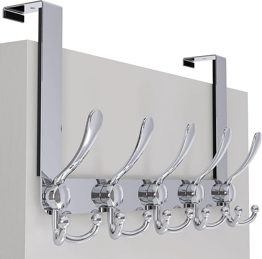 SKOLOO Over The Door Hook - for Doors up to 1-3/4'' Thickness, Metal Door Hanger with 5 Triple Hooks, Over The Door Hanger for Coats, Hats,Towels, Silver, Assembly Required