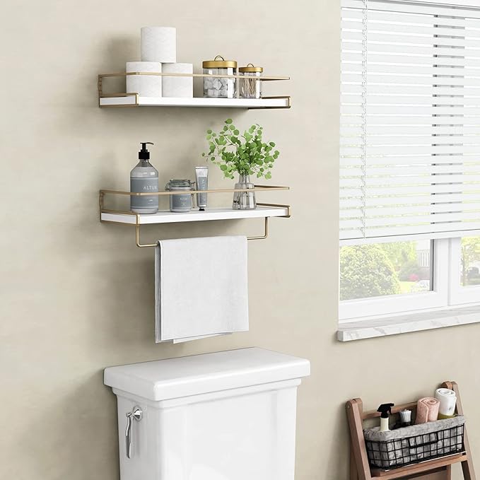 Forbena Floating Bathroom Shelves Wall Mounted, Aesthetic White and Gold Shelves for Bathroom Accessories, Modern Bathroom Organizer with Tower Bar for Wall Decor Storage Small Spaces, Set of 2-NeatNest