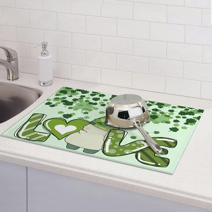 Green Clover Love Dish Drying Mat 18x24 For Kitchen Counter Absorbent Microfiber Dishes Pad Dish Drainer Rack Mats Fast Dry Kitchen Accessories