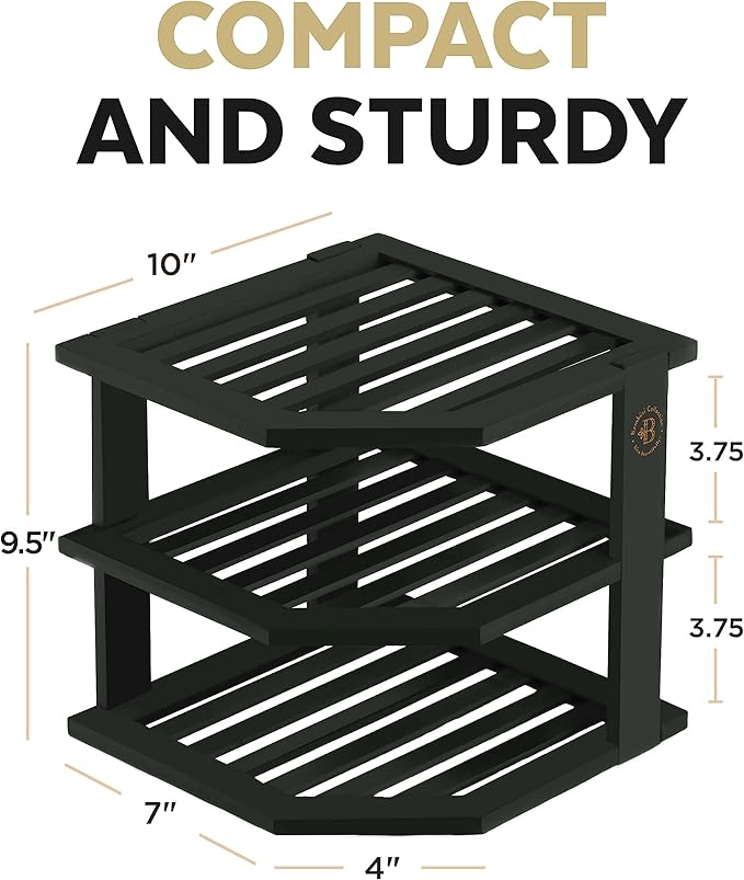 Cabinet Organizer Shelf - Bamboo Corner Rack for Kitchen Counter, Cabinet Space Saver for Plates, Dishes, Bowls, Bread Pantry, Bathroom Storage or Countertop Stand, Black-NeatNest