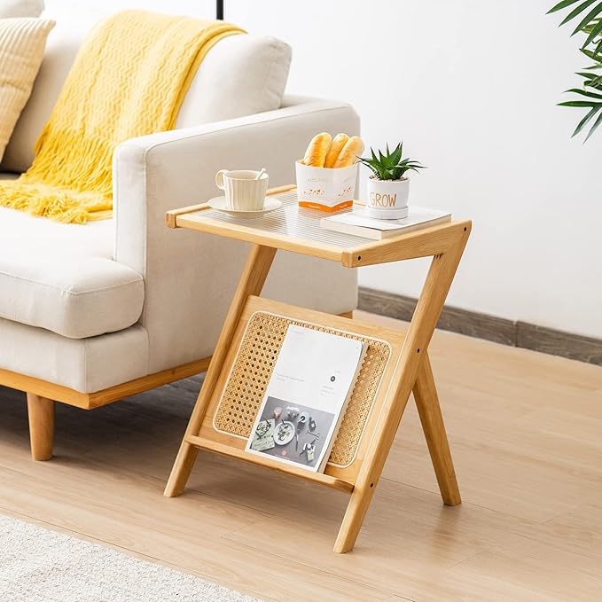 Tiita Rattan Side Table, Mid Century Nightstand, Bamboo Accent Bedside Tables, Glass Coffee Tables, Boho Wooden End Table with Storage for Small Space, Living Room and Bedroom