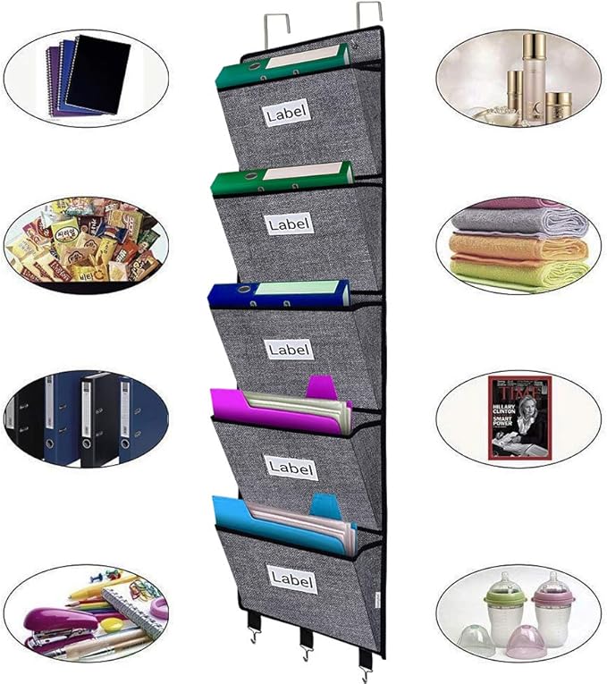 homyfort Over the Door File Organizer Hanging File Folders, Wall Organizers and Storage for Mail, Magazine, Notebooks, Planners, Office, Classroom, 5 Extra Large Pockets (Black with Pattern)-NeatNest