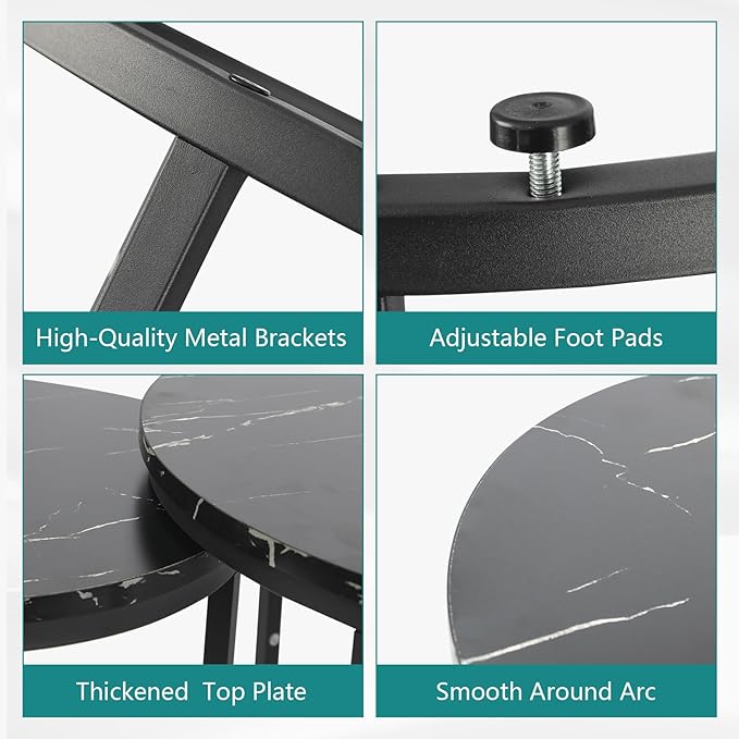 Smuxee Black Nesting Coffee Table Set of 2, 23.6" Round Coffee Table Wood Grain Top with Adjustable Non-Slip Feet, Industrial End Table Side Tables for Living Room Bedroom Balcony Yard