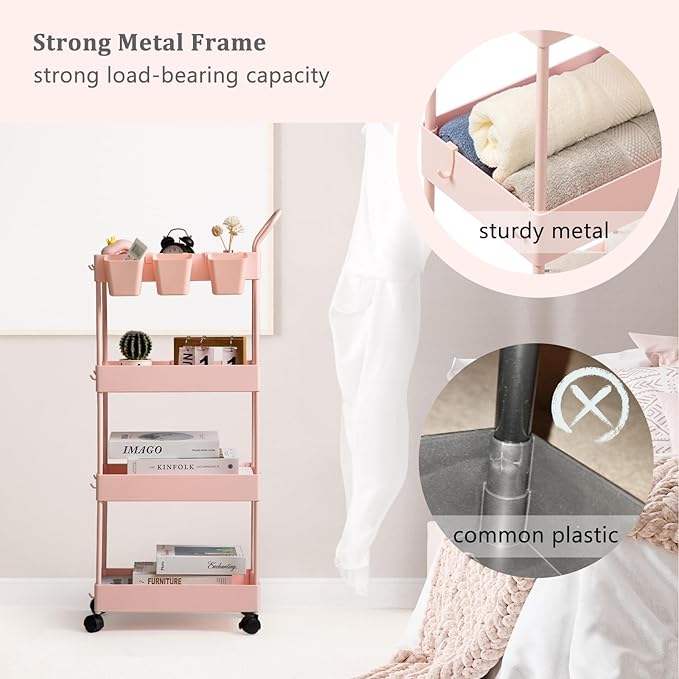 danpinera Slim Storage Cart, 4 Tier Bathroom Organizer Narrow Laundry Cart with Wheels Dividers Hanging Cups Hooks Handle Makeup Lash Cart Shelf Organizer Rack Unit Easy Assembly, Pink