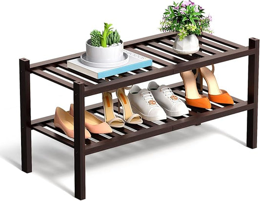 Shoe Rack, 2 Tier Bamboo Shoe Rack for Closet, Stackable Wooden Shoe Organizer, Free Standing Wood Shoe Shelf for Entryway Small Space, 27" x 11" x 13", Brown-NeatNest
