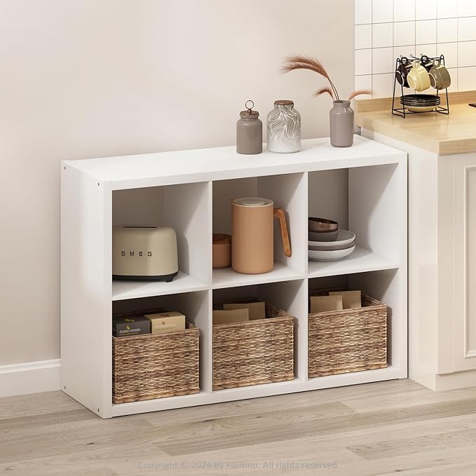 Furinno Hermite 6-Cube Open Shelves Kitchen Storage, Kitchen Island, Bakers Rack, Buffet Sideboard, White-NeatNest