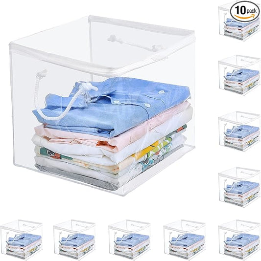 10-Pack Clear Zippered Storage Bags with Handles, Two-Way Zipper Foldable Closet Organizer, Bed Sheet Organizer, Plastic Storage Bin for Clothes, Towels-NeatNest