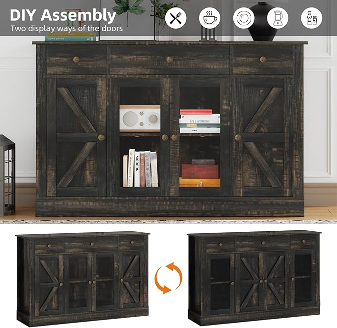 4 EVER WINNER Farmhouse Coffee Bar Cabinet, 55" Buffet Cabinet with Storage, Buffets & Sideboards with Drawers and Glass Doors for Kitchen, Living Room, Rustic Oak-NeatNest