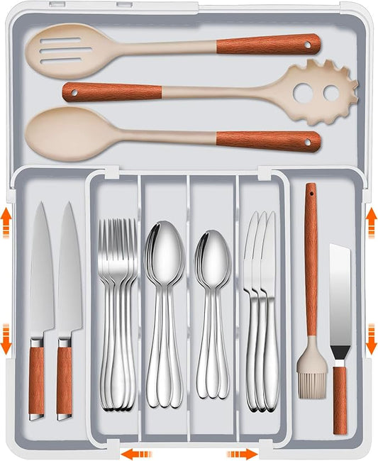Expandable Silverware Drawer Organizer BPA Free Cutlery Organizer Small Utensil Organizer for Kitchen Drawers Adjustable Spoons Forks Knives Storage Divider, Gray-NeatNest