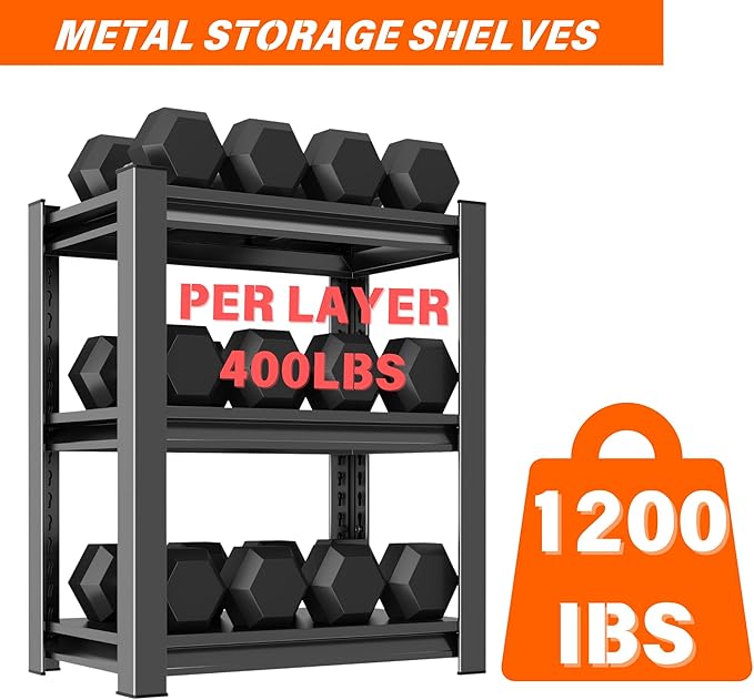 Garage Shelving Unit, 1200 lbs Load Capacity, Adjustable Garage Storage Shelves, Sturdy Steel Storage Shelf for Workshop, 3-Tier 32" H x 20" W x 14" D, Black-NeatNest