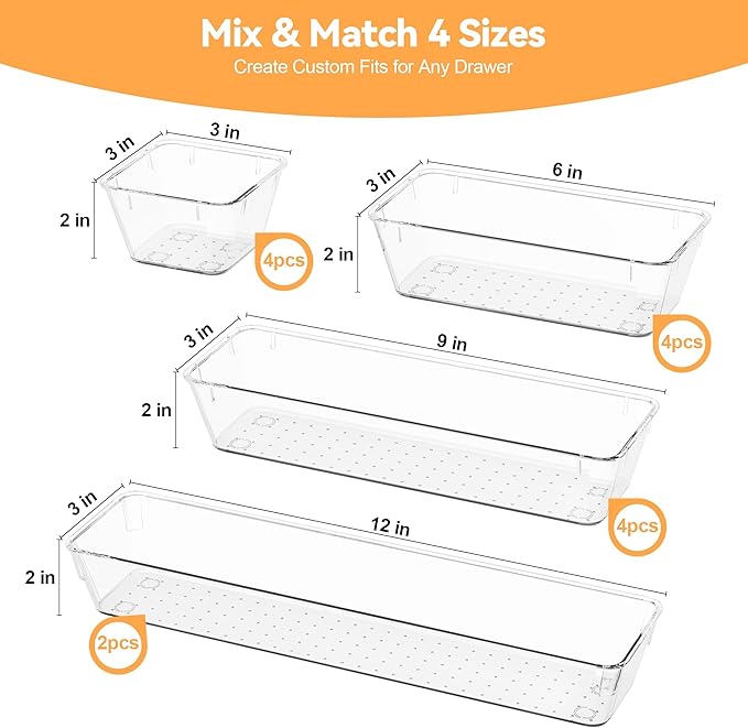 14-Piece Modular acrylic clear drawer dividers and storage bins- 4-Size Clear plastic Drawer Organizer Trays for Vanity,Dresser, Bathroom, Kitchen, Office Gadgets Utensils-NeatNest
