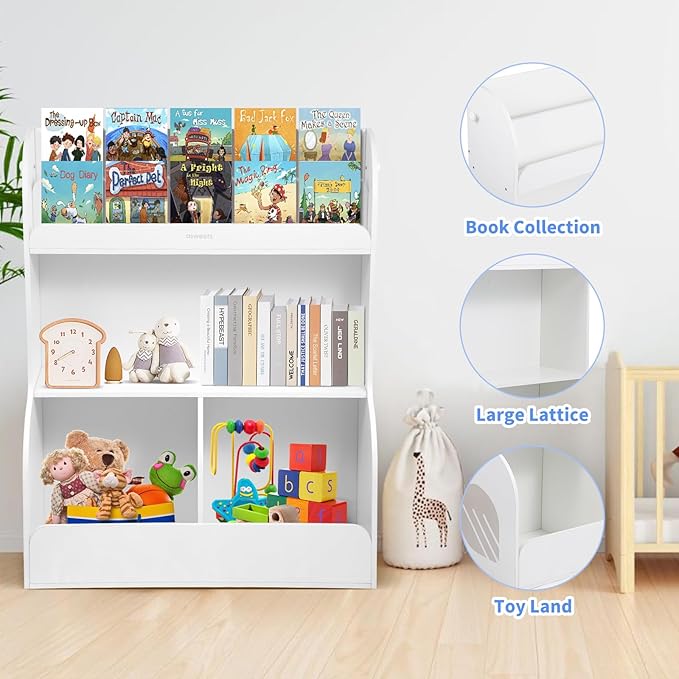Asweets 2 in 1 Kids Bookshelf & Montessori Toy Storage Cubby, 3 Tiers Children Wooden Bookcase, Fit for Kids Room, Playroom, Kindergarten, Nursery, 31.5''L x 14.6''W x 39.4''H (White)