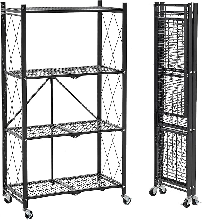 BRIAN & DANY Folding Shelf, Storage Racks and Shelving Units on Wheels, Metal Foldable Storage Shelves No Assembly for Garage, Kitchen(4 Tier)-NeatNest