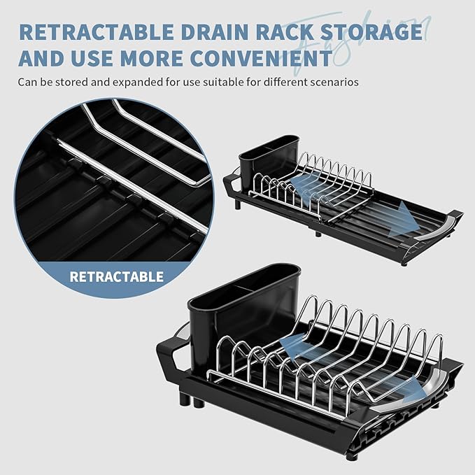 Expandable Dish Drying Rack for Sink or Countertop – Compact Stainless Steel Dish Drainer with Removable Utensil Holder, Rustproof Plate Rack for Small Kitchen Spaces, Black