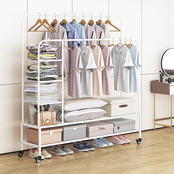 Garment Rack for Hanging Clothes Rack Heavy Duty Portable with Bottom Metal Shelf Drying Coats Shirt,Black (White+Double Rods+Shelf)-NeatNest