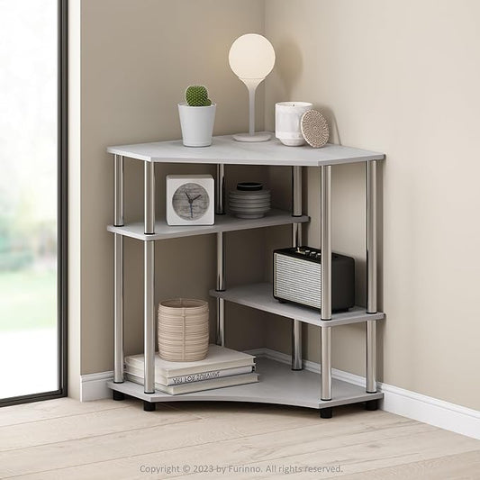 Furinno Turn-N-Tube Multipurpose Corner Shelf, Display Rack, Bookshelf, White Oak, Stainless Steel Tubes-NeatNest