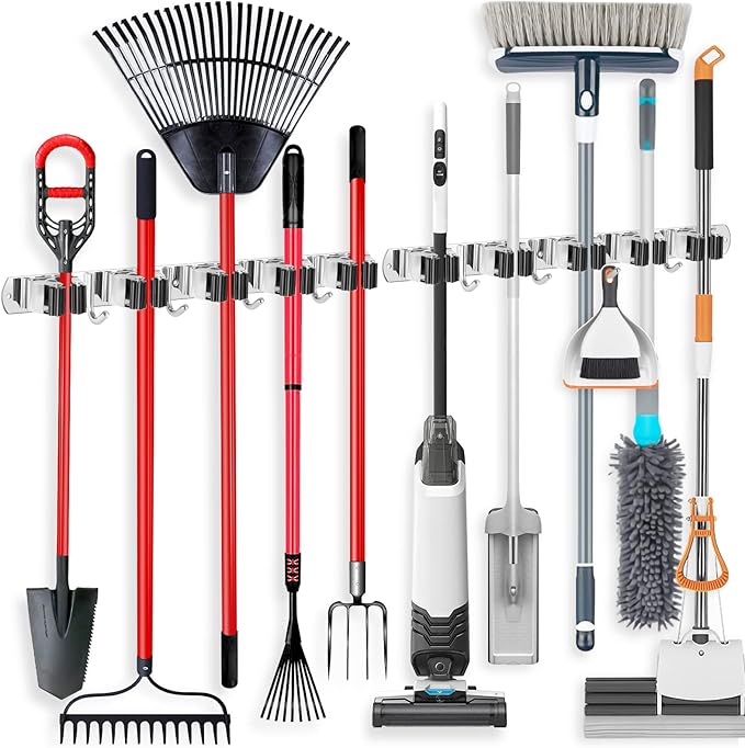 IMILLET 2 Pack Wall Mount Broom Holder Stainless Steel 5 Racks with 4 Hooks Broom Organizer Self Adhesive Heavy Duty Laundry Room, Garage Organization Storage-NeatNest
