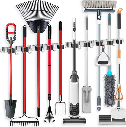 IMILLET 2 Pack Wall Mount Broom Holder Stainless Steel 5 Racks with 4 Hooks Broom Organizer Self Adhesive Heavy Duty Laundry Room, Garage Organization Storage-NeatNest