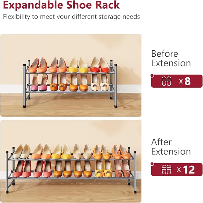 Tajsoon 2 Tier Expandable Shoe Rack for Closet, 28“-41“Adjustable & Stackable Shoe Shelf Storage, Metal Shoe Rack Organizer for Front Door Entrance, Closet, Garage, Entryway, Grey-NeatNest
