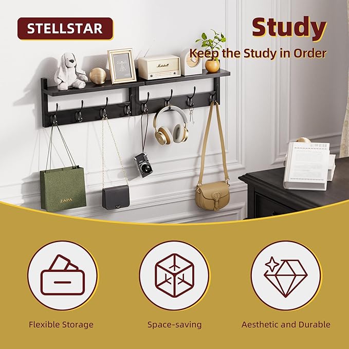 Coat Rack with Shelf, 2 Pack Bamboo Wall-Mounted Coat Hanger with 8 Hooks for Entryway, Hallway, Kitchen, Bathroom, Living Room, Utility Room (Black)-NeatNest