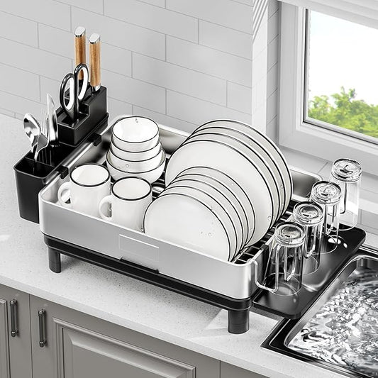 Dish Drying Rack, 304 Stainless Steel Dish Racks for Kitchen Counter, Dish Drainers with Automatic Drainage, Utensil Holder & Cups Holder, Space Saving Kitchen Organizer, Black