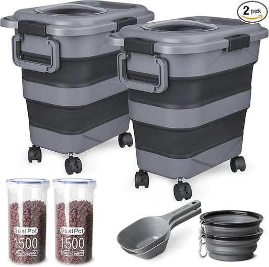 Dog Food Storage Container，2 Pack 25 lbs Airtight Collapsible Cat Food Storage Container with Attachable Wheels, Portable Handle, Dog Food Scoop for Dog Cat Bird Pet Dry Food Storage Bin Large-NeatNest