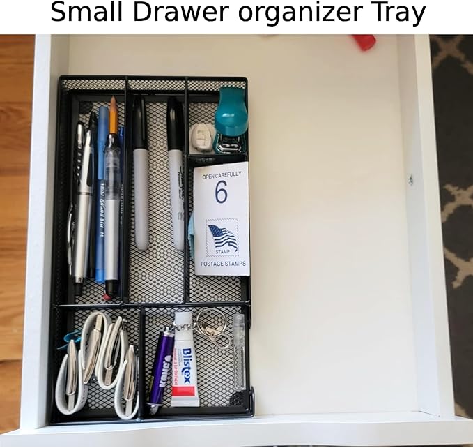 Desk Drawer Organizer Tray, Metal Mesh Drawer Office Drawer Organizer w/6 Compartment, Small Desk Organizer Tray for Home Office School Supplies, Desktop, 11X 6 X 1.45in, Black-NeatNest