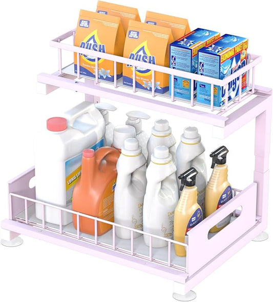Under Sink Organizer Storage: Adjustable Height, 2 Tier L-Shaped Pull-Out Metal Shelf with Non-Slip Pads & Rust-Resistant Design Maximize Kitchen & Bathroom Cabinet Space-NeatNest