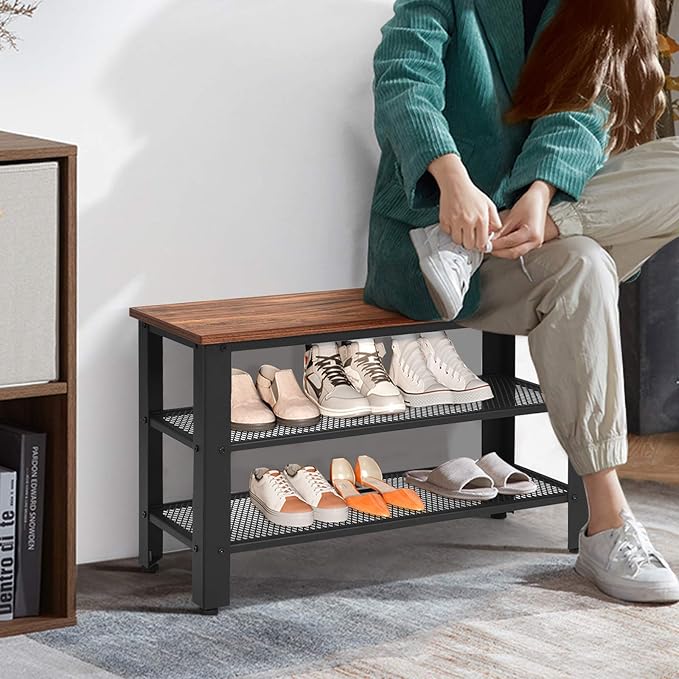 Giantex 3-Tier Shoe Rack Bench, Industrial Shoe Bench with 2 Mesh Storage Shelves & Seat for Entryway, Front Door, Garage Shoe Storage (Rustic Brown)