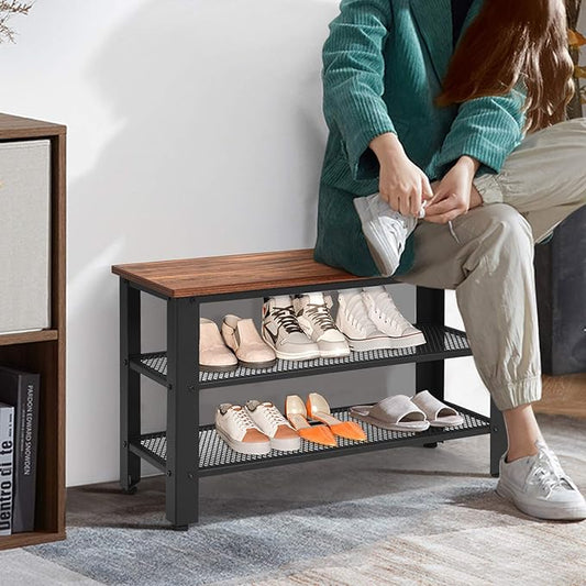 Giantex 3-Tier Shoe Rack Bench, Industrial Shoe Bench with 2 Mesh Storage Shelves & Seat for Entryway, Front Door, Garage Shoe Storage (Rustic Brown)