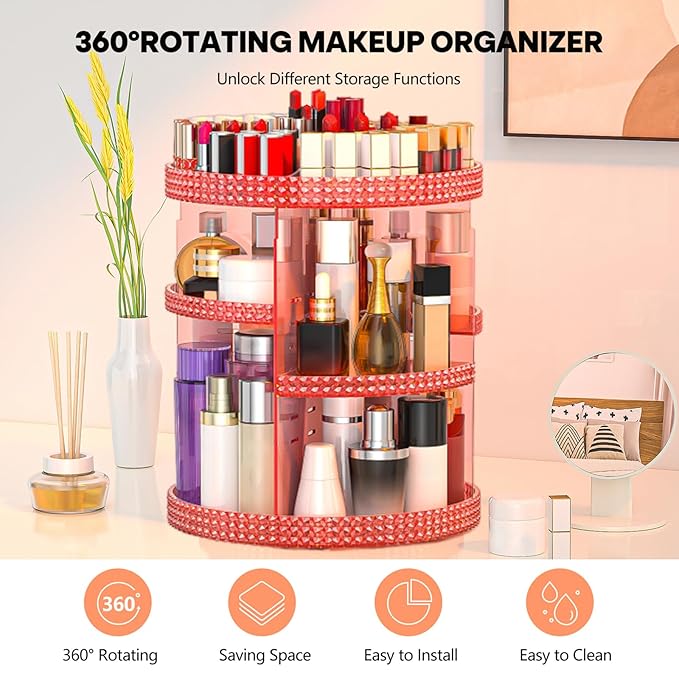 360 Degree Rotating Makeup Organizer, Extra Large Capacity Perfume Holder, Removable 7 Layers Cosmetics Organizer, Make Up Organizer For Countertop Storage Skincare or More (Pink)-NeatNest