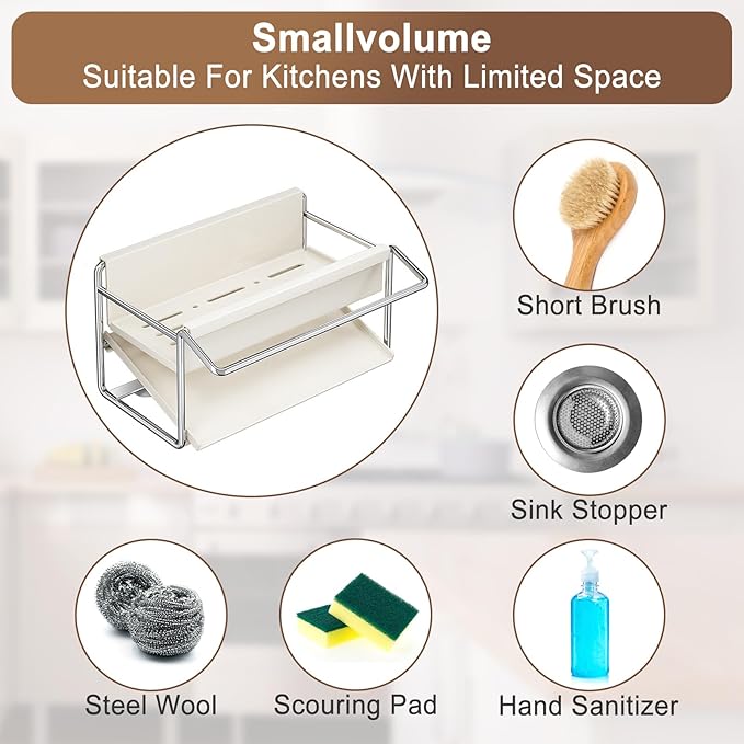 Kitchen Sink Sponge Rack, Self Draining Kitchen Sink Storage Rack, Rust-Proof Stainless Steel Dish Sponge Storage Rack (with Dish Cloth Rack), Bathroom Soap Dispenser Storage (White)-NeatNest