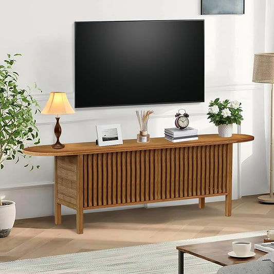 Bamboo TV Stand for TVs up to 65", Accent Entertainment Center with Storage, Media Console Table with Fence Door, Modern TV Stand for Living Room, Bedroom, 55"(L), Walnut-NeatNest