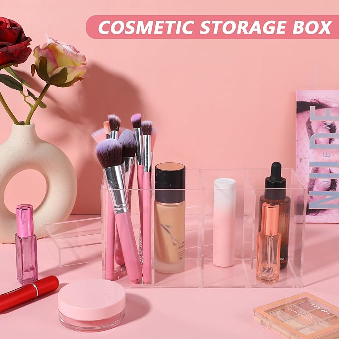 2 Pack 4 Compartment Acrylic Makeup Organizer and Storage with Lid Bathroom Storage with 4 Tray Eyelash Mascara Brushes Organizer Brush Holder for Cosmetics, Cotton Balls or Office Supplies-NeatNest
