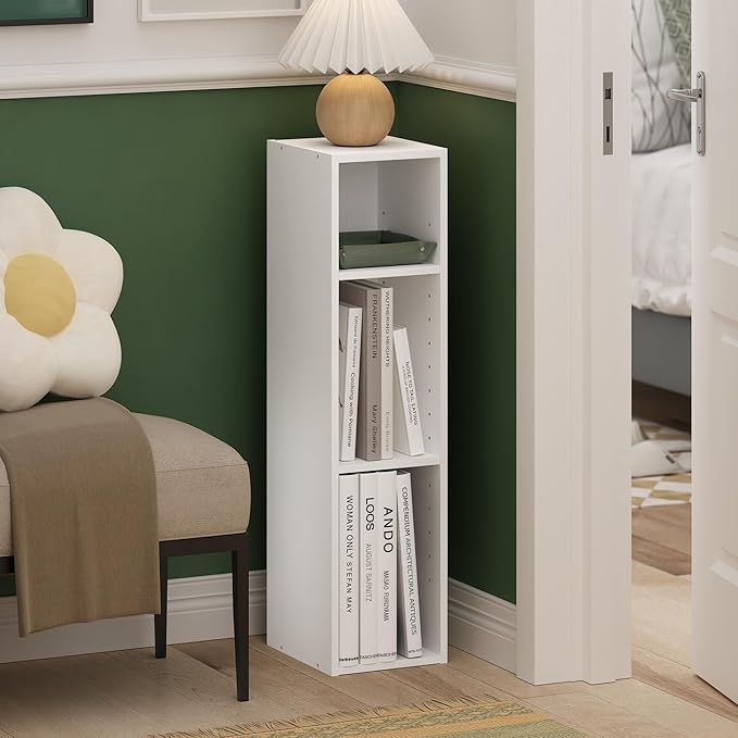 Furinno Fulda 3-Tier Space Saving Storage Shelf Bookcase, 8-Inch Width, White-NeatNest