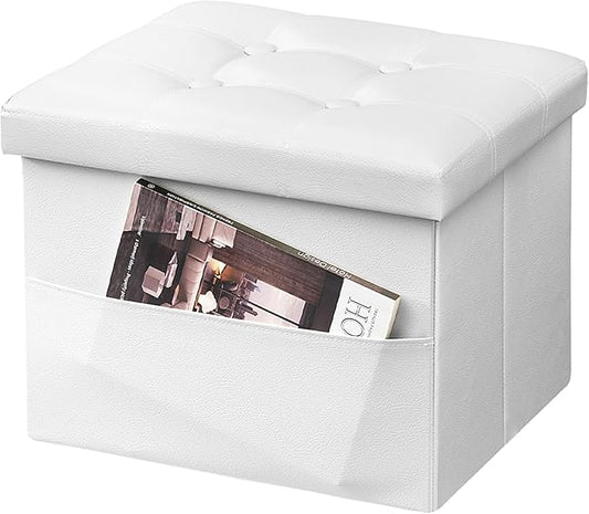 AmasSmile Storage Ottoman Folding Foot Rest Stool with Side Pocket, 17 inch Leather Footstool Bench, Short Ottoman Bench, Storage Foot Rest Store, Blanket Chest, White-NeatNest