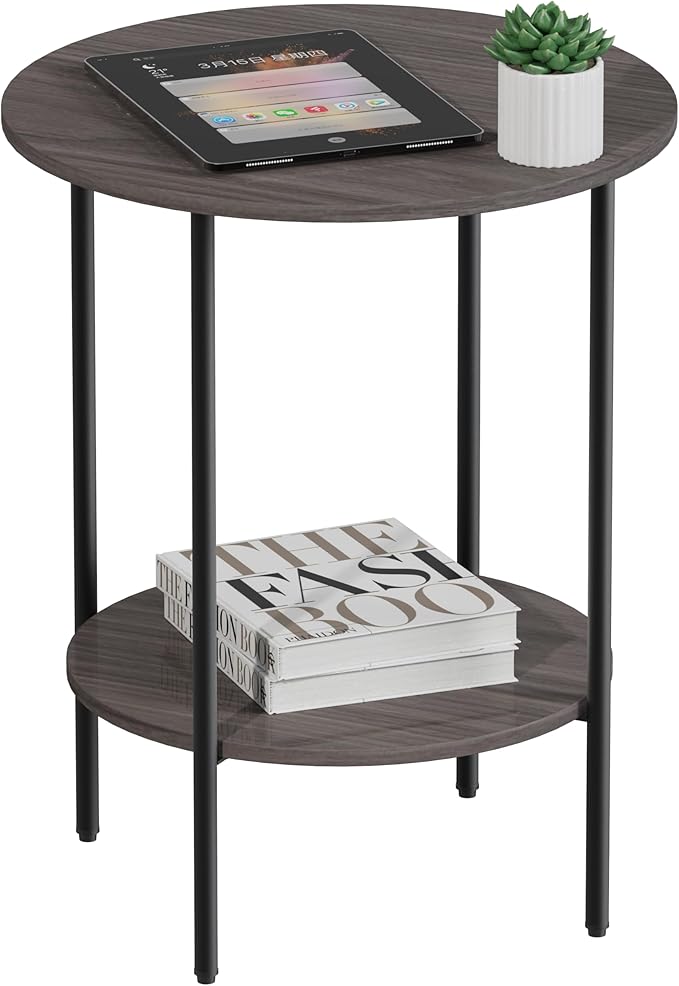 Side Table,Round End Table with 2 Storage Shelves| Compact Side Tables for Living Room, Couch, Office & Bedroom | Narrow Accent Table as Space-Saving Small Bedside Table 18x18x22in (Grey)