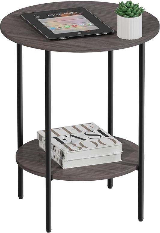 Side Table,Round End Table with 2 Storage Shelves| Compact Side Tables for Living Room, Couch, Office & Bedroom | Narrow Accent Table as Space-Saving Small Bedside Table 18x18x22in (Grey)