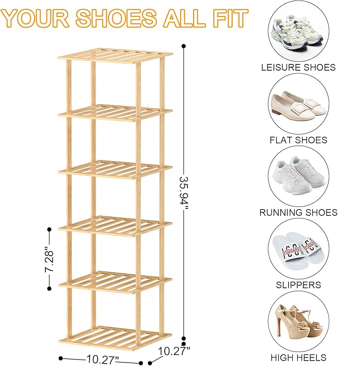 Bamboo Shoe Rack - Vertical Shoe Rack for Small Spaces, Skinny Shoe Shelf Space Saving Storage, Tall Vertical Narrow Shoe Rack for Front Door Entrance Closet Corner Garage-NeatNest