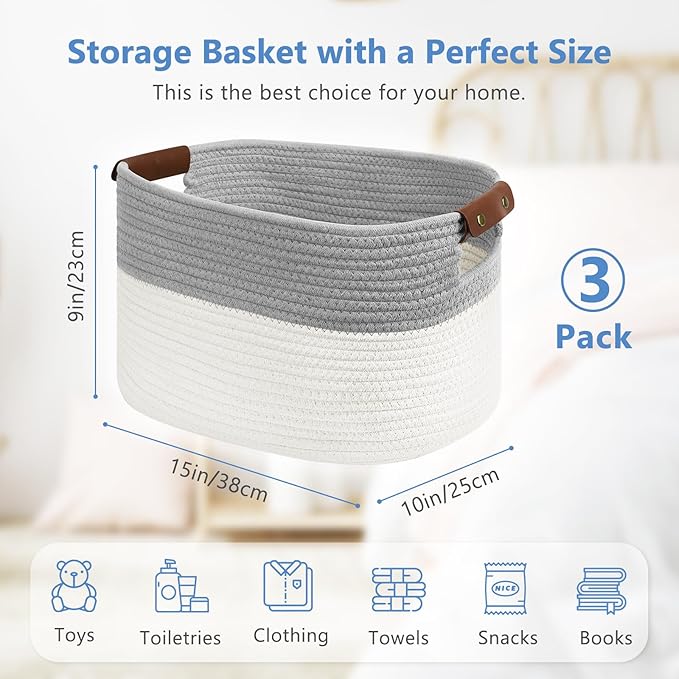 Cotton Rope Storage Baskets,15x10x9 in,Collapsible Storage Bins, Decorative Woven Basket Cube Storage Organizer for Laundry, Towel, Clothes (White/Grey-3Pack, 15x10x9 inches)-NeatNest