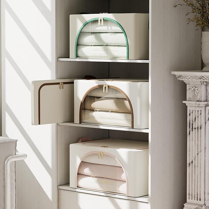 Furnhome 3 pack Clothes Storage Bins with metal Frame, sweater storage for closet, Stackable Storage bins for clothes, Foldable Clothing Storage bins with Cedar Blocks& Windows&Zippers|36L-Off White