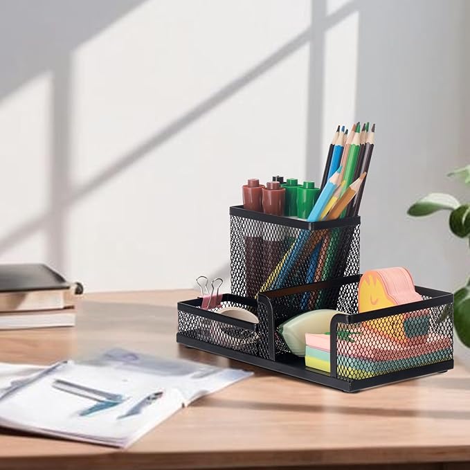 Comix Mesh Pen Pencil Holder Desk Organizer, 3 Compartment Wire Desktop Pen Pencil Cup Caddy Office Supplies Desk Accessories for Home Office School, Black-NeatNest