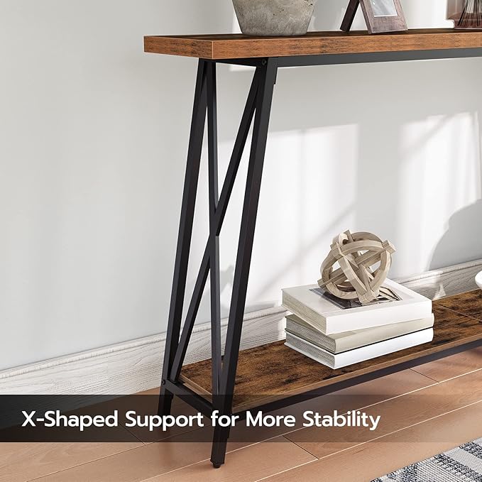Console Table, 63" Industrial Entryway Table, Extra Long Sofa Table Behind Couch, X-Shaped Support, for Entryway, Hallway, Living Room, Rustic Brown CTHR4801Z-NeatNest