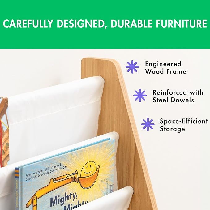 Humble Crew 4-Tier Kids Bookshelf, Natural Wood/White - Premium Book Shelf for Kids Rooms with Four Deep Pockets - Toddler Sling Book Rack with Deep Sleeves, Nursery Bookcase Organizer