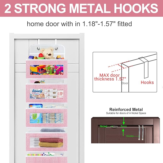 homyfort Over the Door Organizer, Hanging Baby Diaper Organizer for Nursery, Pink Wall Storage Organizer with 5 Large Pockets for Girls Room,Pantry,Dorm,Bathroom,Closet-NeatNest