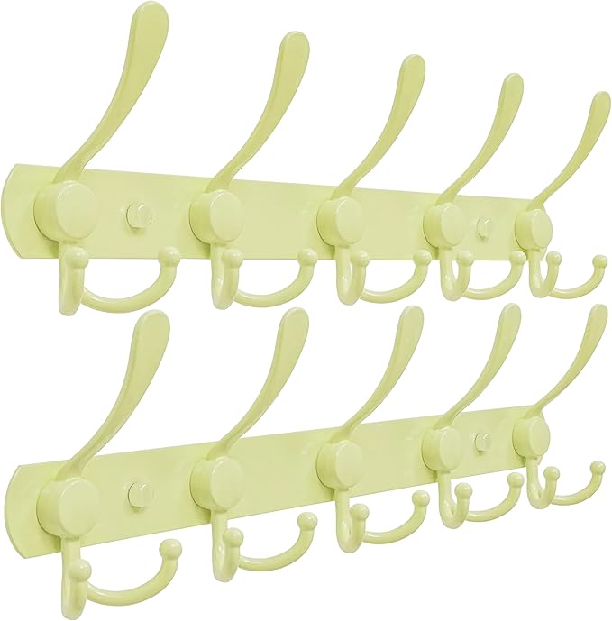 Dseap Coat Rack Wall Mounted - 5 Tri Hooks, Heavy Duty, Stainless Steel, Metal Coat Hook Rail for Coat Hat Towel Purse Robes Mudroom Bathroom Entryway (Yellow, Pack of 2)-NeatNest