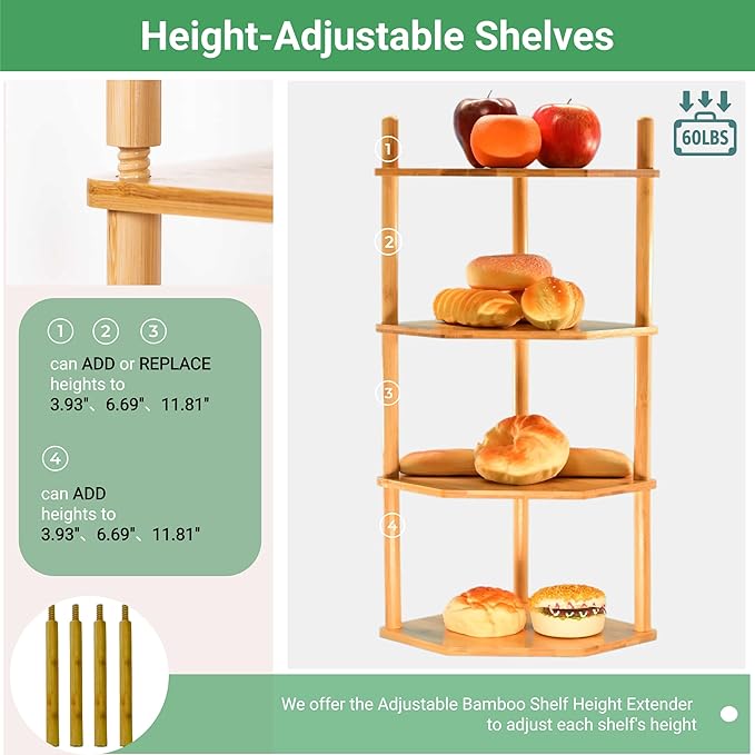 Expandable Bamboo Corner Shelf for Cabinet - 2-5 Tiers Plate Organizer, Kitchen Space Saver, Minimal Tool Assembly (Powered by Gogogo) (Natural, 6.7" H(4 Tier))-NeatNest